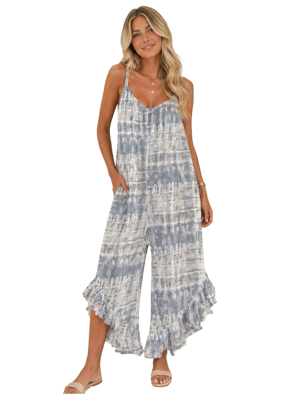 Japna Tie Dye Jumpsuit Gray White Wide Leg Ruffle Hem Boho cropped Romper pool S